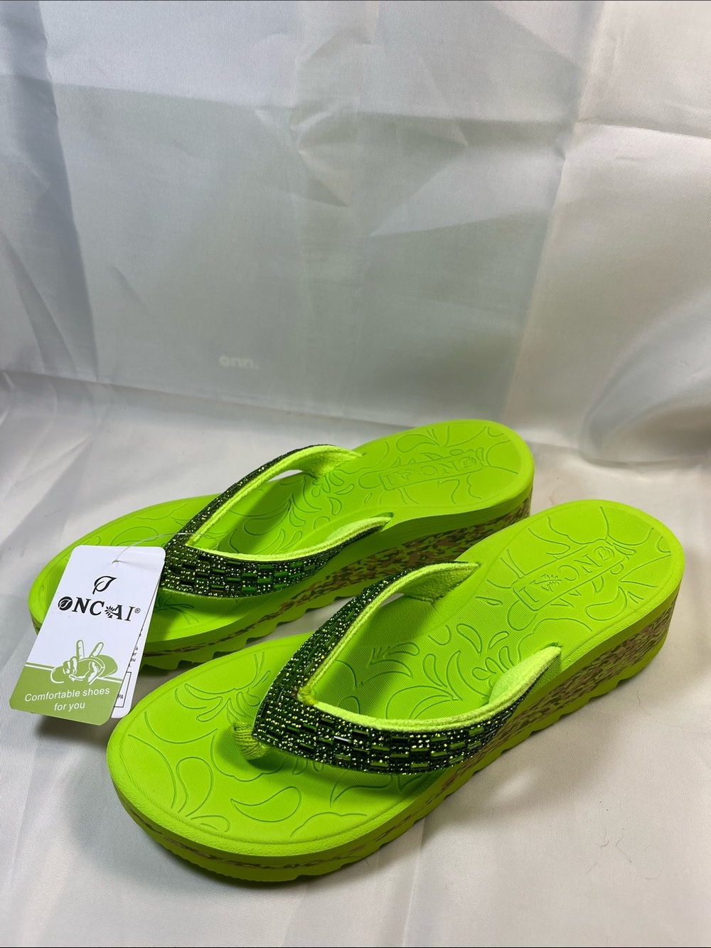 Neon Lime Beaded Wedge Flip Sandals by NCHAI